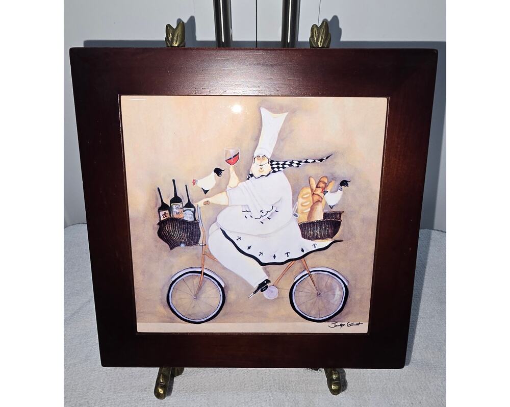 Jennifer Garant Fat Chef Bicycle Framed Ceramic Tile Trivet Wall Decor 8x8 Decor